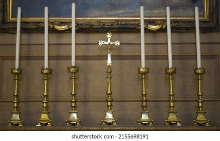 Altar With Candles, Copper Cross, Brass, Old Wooden Window Sill, Indulgence, Prayer, Funeral, Wedding