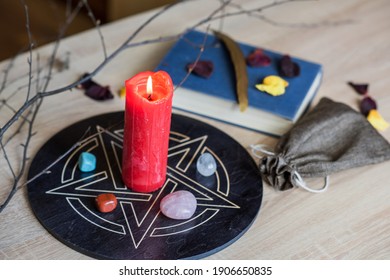 Altar With A Pentagram To Attract Love, Happiness, Candle, Stones, Tarot Cards And Witchcraft At Home