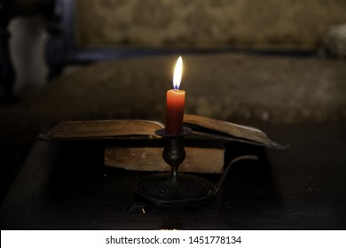 Altar With Satanic Candle, Witchcraft And Religion, Symbol