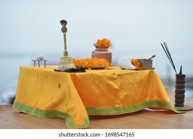 Altar In Varanasi For Your Ganga Aartida Ceremony With Flowers, Conch, Incense, Every Day At Sunset.