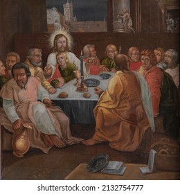 Altarpiece From 1625 By An Unknown Artist Depicting The Last Supper With Jesus And His Diciples Sitting Around A Table, Orslev, Denmark, August 9, 2021