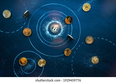 Altcoins revolve around Bitcoin in cosmos. Universe of Cryptocurrencies. Bitcoin domination symbol, market balance, teamwork, leadership concept. Network, blockchain interaction idea