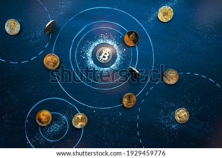 Altcoins revolve around Bitcoin in cosmos. Universe of Cryptocurrencies. Bitcoin domination symbol, market balance, teamwork, leadership concept. Network, blockchain interaction idea
