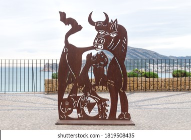 Altea, Costa Blanca, Spain - 13 December 2019: Copper Cubism Sculpture With Bull At The View Point Over The Ocean At The Old Town