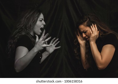 Alterego girl, one side of girl screaming and another side is scared