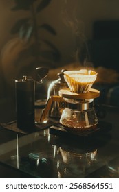 Alternative coffee brewing method, filter coffee, using pour over dripper v60 and paper filter.	