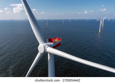 Alternative Energy - Aerial View Of Offshore Windmill Park At Sea