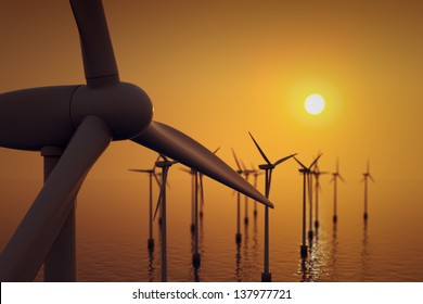 Alternative Energy- Close Up Of Floating Wind Farm Turbine At Sunset.