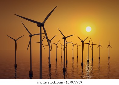 Alternative Energy- Shot Of Floating Wind Turbine Farm At Sunset.