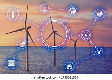 Alternative energy source. Floating wind turbines in sea and scheme