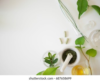 alternative medicine herb , mortar, laboratory glassware, plant in tube, flower , on white background.