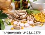 Alternative medicine herbal organic capsule with vitamin E omega 3 fish oil, mineral, drug with herbs leaf natural supplements for healthy good life.