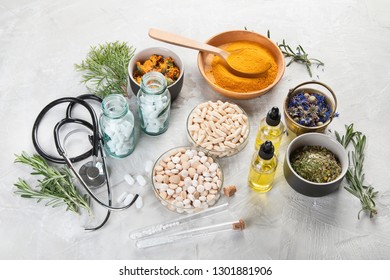 Alternative Medicine Herbs And Homeopathic Globules. Homeopathy Medicine Concept