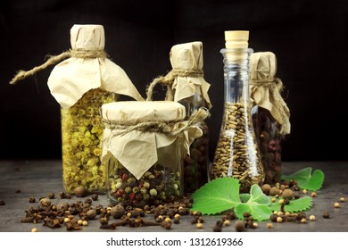 Alternative Medicine. Store Up Medicinal Herbs. Herbs On Wooden Table Background