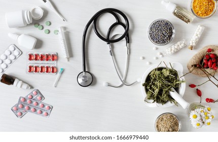 Alternative Medicine VS Traditional Medicine Concept. Variety Treatments Top View On White Wooden Background.