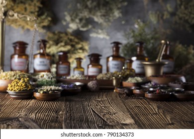 Alternative Medicine. Wooden Rustic Table.