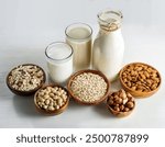 Alternative milk concept. Assortment of organic vegan non dairy milk from nuts, oatmeal, rice, soy.