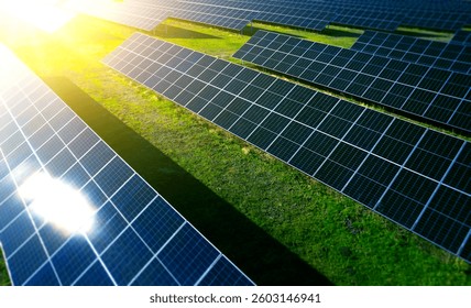 Alternative power source to saving environment.Solar panels park generating green energy electric.Green energy reduce carbon emissions and makes earth cleaner and more ecological.