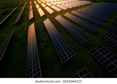 Alternative power source to saving environment.Solar panels park generating green energy electric at sunset.Green energy reduce carbon emissions and makes earth cleaner and more ecological