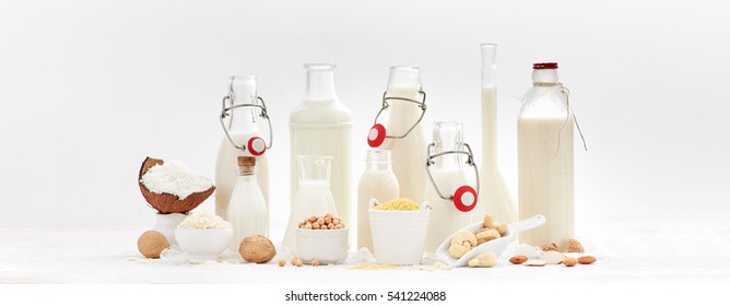 Alternative types of milks. Vegan substitute dairy milk.