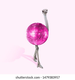 An alternative view of ostrich as a pink bright disco ball on coral background. Negative space to insert your text. Modern design. Contemporary art collage. Concept of fashion, animals, beauty. - Powered by Shutterstock