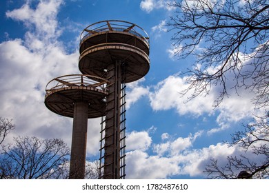 Although Rusted And Dangerous, The Famous Observation Towers From The 1964 New York Worlds Fair Still Stand In Flushing Meadows, Queens, New York.