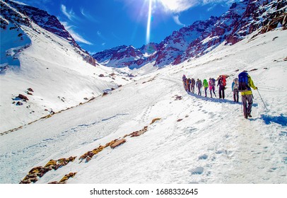 Altitude Hiker Sport Team Climb On Snow Mountain