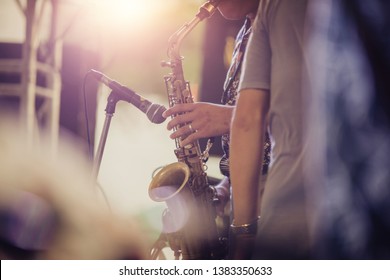 Alto Sax Musical Instrument Closeup,jazz Musician Playing Outdoor Concert 