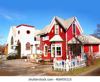 Alton, New York, USA. Centro's Brain Freeze Ice Cream Shop.April 5,2016.  Ice Cream Shop And Church In The Small Town Of Alton, New York. 