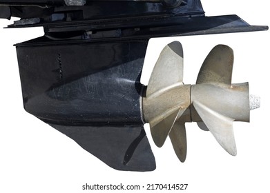 Aluminium 3-blade Boat Propeller On Hub Of Outboard Motor Close Up