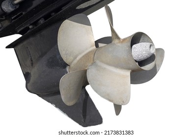 Aluminium 3-blade Boat Propeller On Hub Of Outboard Motor Close Up