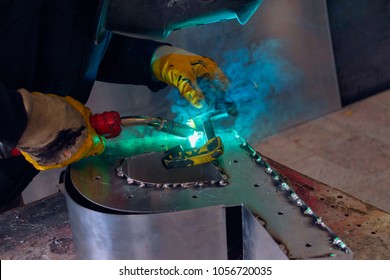 Aluminium (aluminum) Welding Work. Welding Fumes And Gases With Spread Spark.