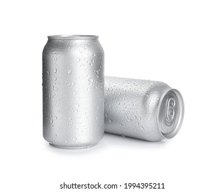 Aluminium cans of beverage on white background