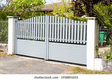 Aluminium door grey classic vintage home gray steel gate portal of suburb house - Shutterstock ID 1958892655