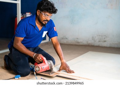 Aluminium Worker Marking Wood For Design And Renovation Work At Construction Site - Concept Of Skilled Ocupation, Blue Collar Jobs And Home Or Office Improvement.