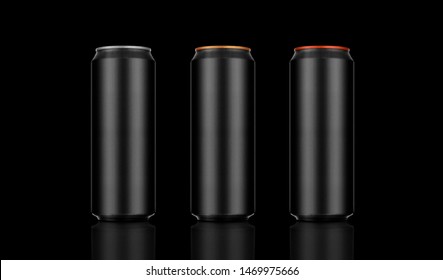 Aluminum Black Cans Mockup Isolated On Black Background. 500ml Aluminum Soda Can Mock Up.