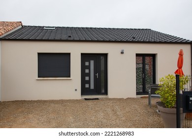 aluminum black modern new house front door entrance of home building - Shutterstock ID 2221268983