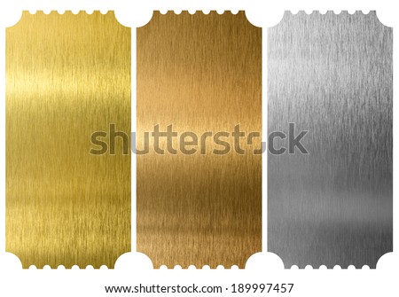 Aluminum, bronze and brass tickets isolated