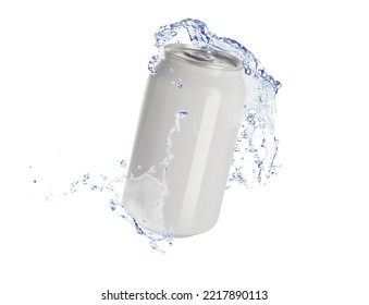 Aluminum Can With Splash Of Water On White Background