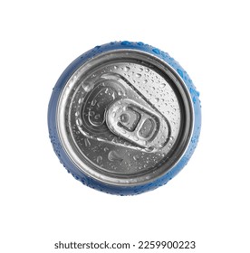 Aluminum can with water drops isolated on white, top view - Powered by Shutterstock