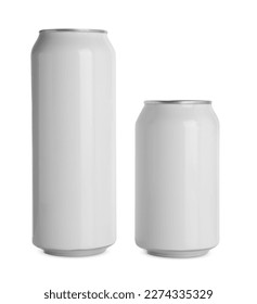 Aluminum cans with drinks on white background