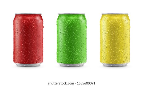 Aluminum cans in red,green,yellow isolated on white background,canned with water drops