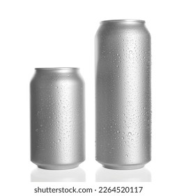 Aluminum cans with water drops on white background. Mockup for design
