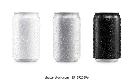 Aluminum cans in white,silver,black isolated on white background,canned with water drops