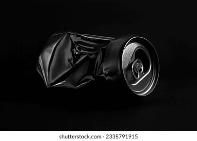 Aluminum crushed can for beverage. Low-key picture a single metallic container taken in studio with dark background. - Shutterstock ID 2338791915