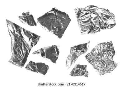 Aluminum foil tape pieces set and collection isolated on white background with clipping path, top view