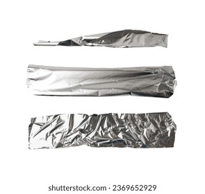 Aluminum Foil Torn Paper Edge Isolated, Wrinkled Aluminium Paper Pattern, Long Crumpled Tin Material Piece, Textured Abstract Tinfoil Object, Broken Tinfoil Sheet on White Background