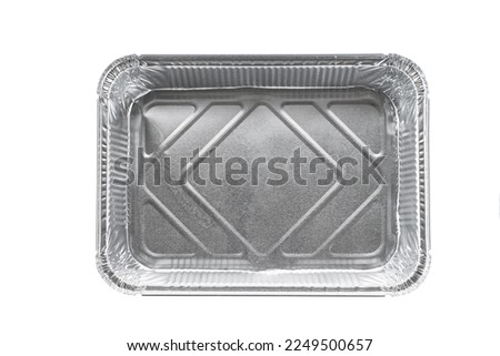 Aluminum food box disposable isolated on white background, top view.  
rectangular shape of the foil for food isolated.
Aluminum utensils for baking isolated. Foil food container tray.