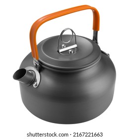 Aluminum Gray Kettle, With An Orange Handle, Camping Utensils, On A White Background, Isolate