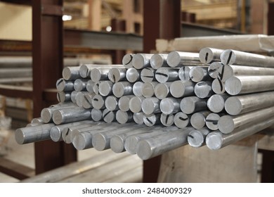 Aluminum metal steel bars in a factory or warehouse